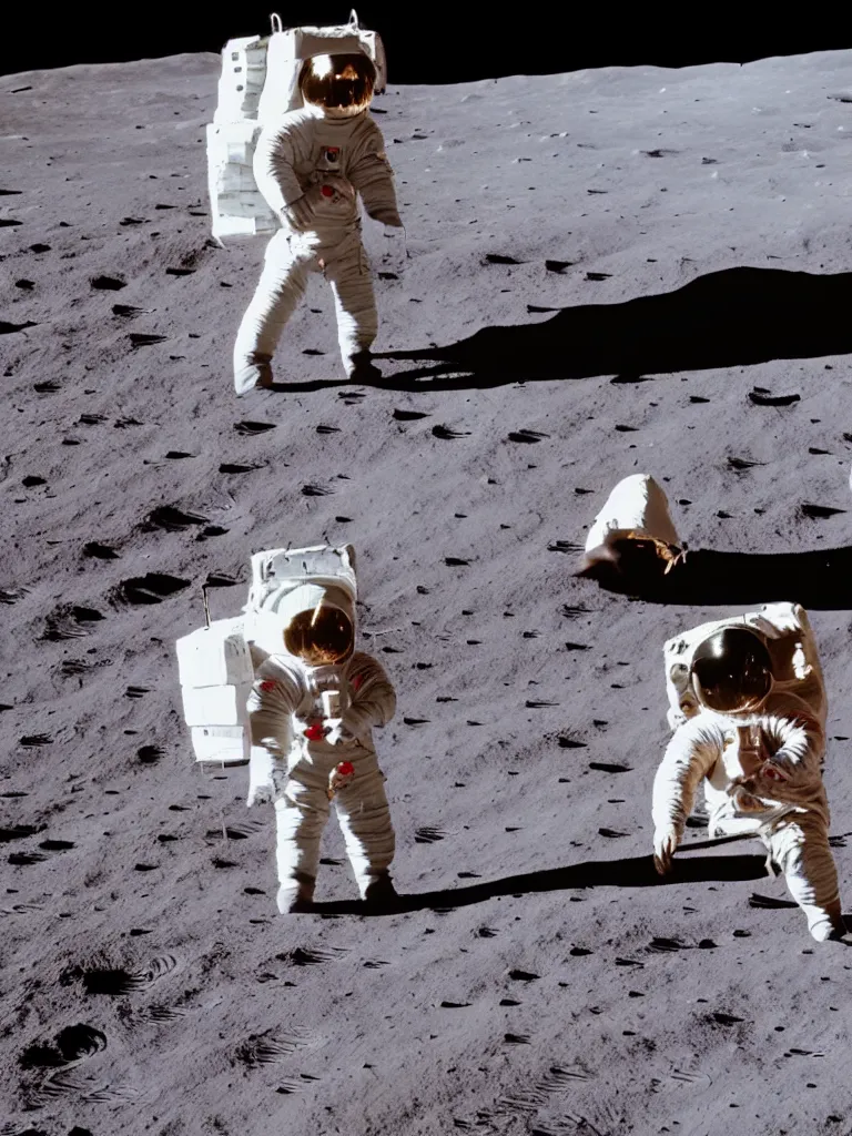 Image similar to new apollo mission footage shows the first person dabbing on the moon, moon landing, astronaut dabs, full hd, captured on canon eos r 6