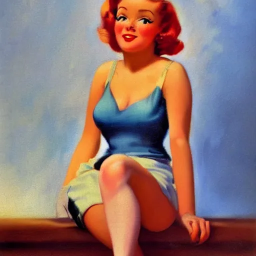 Image similar to pinup girl, cartoon, soft orange hair, beautiful, romantic, fair skin, 1 9 4 0's, normal rockwell, oil painting