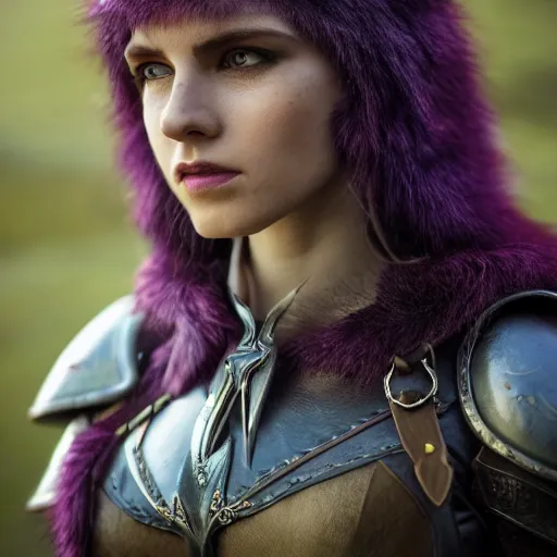 Image similar to anya charlota as a medieval fantasy tolkien elf, dark purplish hair tucked behind ears, wearing leather with a fur lined collar, wide, muscular build, scar across the nose, one black, scaled arm, cinematic, character art, real life, 8 k, detailed.