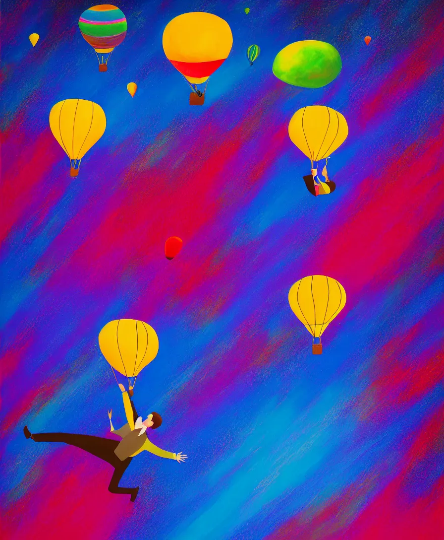 Image similar to portrait of a single man flying in hot air balloon in the colorful space, in the style of greg rutsowski, dark background, hyper realistic