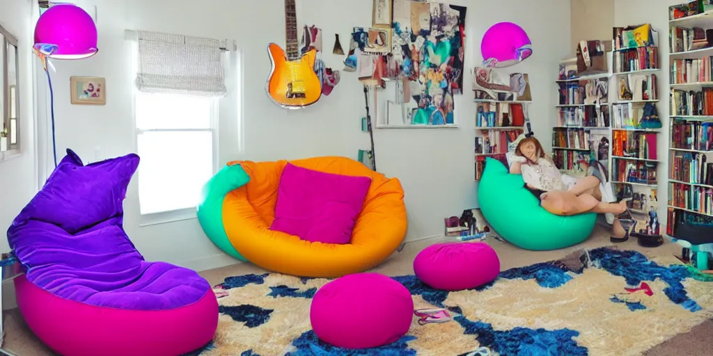 Prompt: a nostalgic teens room from the 90s with an inflatable chair, a bean bag chair, and lava lamps