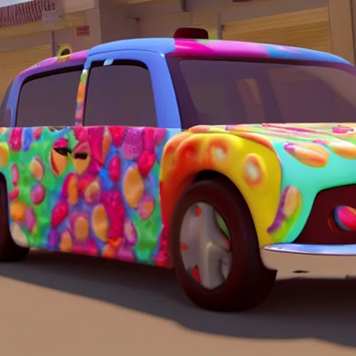 Prompt: Kelloggs fruity pebbles concept car, unreal engine 5 render
