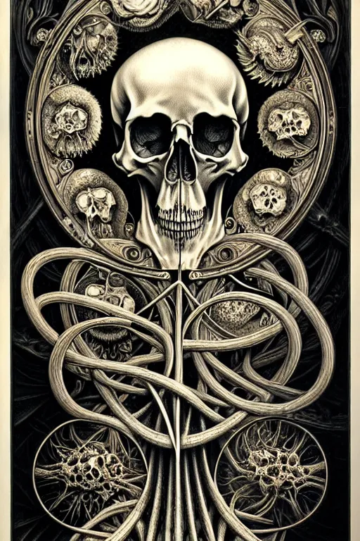 Image similar to detailed realistic memento mori lithograph by cameron gray and ernst haeckel, gothic ornament, skulls, bones, art nouveau, neogothic, ornate art nouveau botanicals, horizontal symmetry, polished