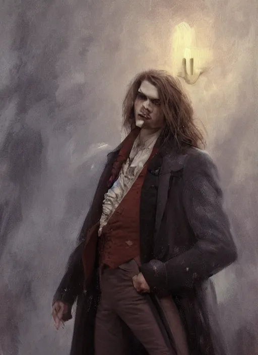 Prompt: portrait painting of the vampire lestat, paris! floating, muscular male, long hair! long coat, elegant rugged handsome unreal render cinematic lighting art 1 8 9 0 period drama by bussiere rutkowski andreas rocha