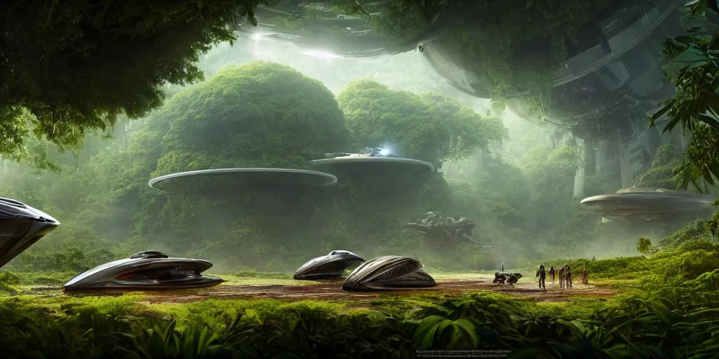 Prompt: a huge futuristic rusty old alien spaceship, next to it a smaller exploration ship on a landing pad, surrounded by a lush alen jungle, in the foreground two explorers are arguing next to tiny animals!!, the animals are walking around, dawn, volumetric light, hyperdetailed, artstation, cgsociety, 8k