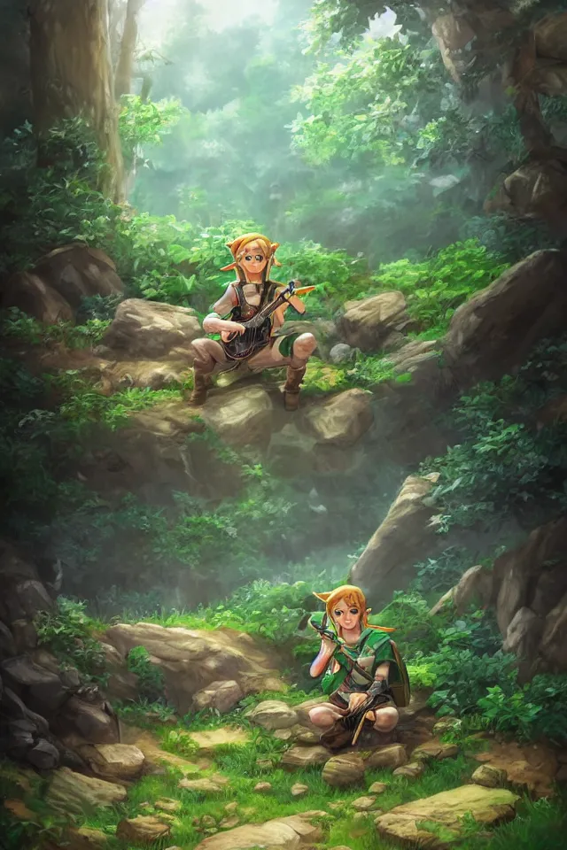 Prompt: a concept scene illustration of link sitting in woods of hyrule playing ocarina, with a crystal texture and a dreamy atmosphere ， super wide angle ， matte painting ， rtx on ， trending on cgsociety and artstation