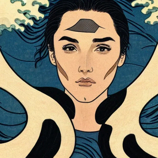 Prompt: gal gadot's face is in the great wave by hokusai # 1 0 3