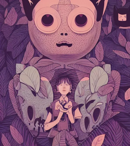 Prompt: portrait, nightmare anomalies, leaves with a cat by miyazaki, violet and pink and white palette, illustration, kenneth blom, mental alchemy, james jean, pablo amaringo, naudline pierre, contemporary art, hyper detailed