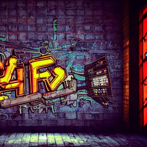 Image similar to graffiti on a wall in an old building, happy mood, cyberpunk, futuristic, neon, high detail, golden light, realistic