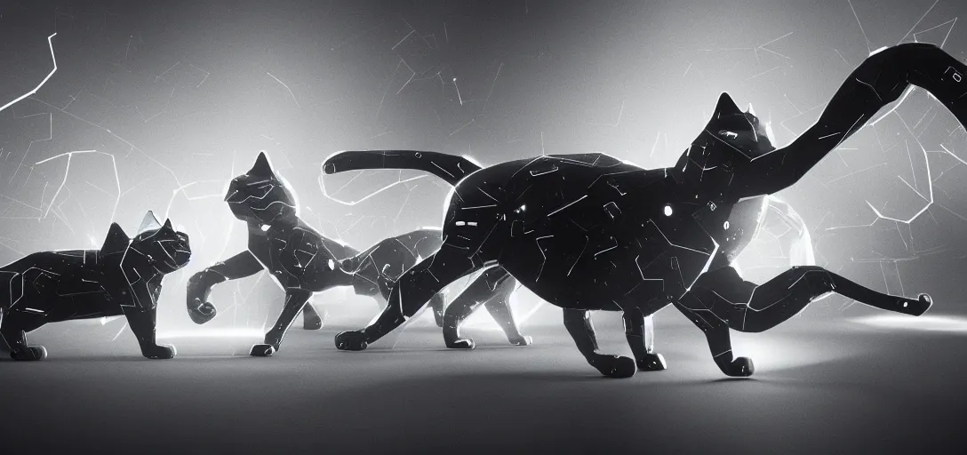 Prompt: nanobots swarm forming shapes of a cyborg cat and a cyborg cat, monochrome, ferroluid, hybrid, black and white artistic photo, artstation, futuristic, scifi style, energy