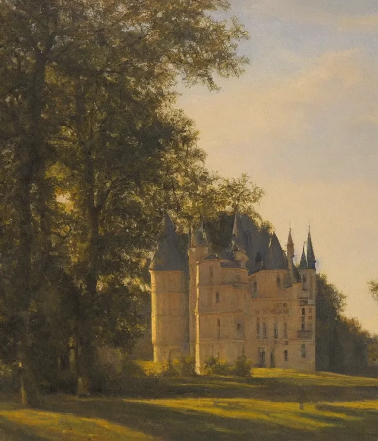 Image similar to Chateau de Ver. history painting, dusk, sunset lit Chateau, artstation, oil on canvas, by Albert Aublet, Private Collection