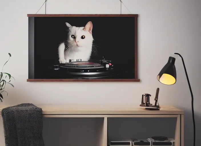 Image similar to photography of a Cat sitting on a record player. in a room full of posters, photorealistic, raining award winning photo, 100mm, sharp, high res