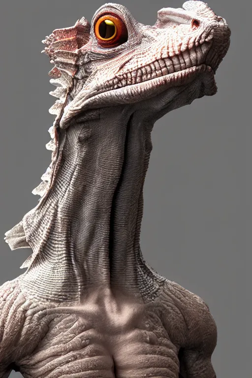 Prompt: a frilled neck lizard person, human dressed like a frilled neck lizard, dnd, 3 d render, unreal engine, volumetric lighting, artstation