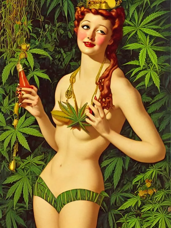 Prompt: The goddess Mary Jane in a bikini made of marijuana, a beautiful art nouveau portrait by Gil elvgren, lush jungle environment, centered composition, defined features, golden ratio, golden jewelry