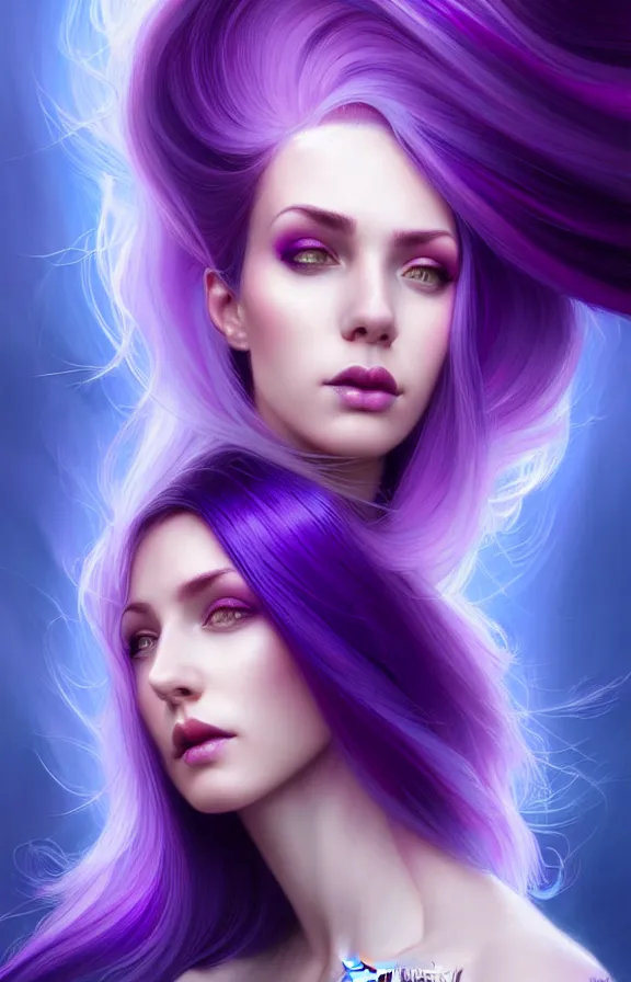 Prompt: Purple hair relistic closeup Portrait of a woman with bright colored flying hair, all shades of purple. Beauty face, Hair coloring, fantasy, intricate, elegant, highly detailed, digital painting, artstation, concept art, smooth, sharp focus, illustration, art by artgerm and greg rutkowski and alphonse mucha