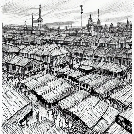 Image similar to a black and white drawing of a busy fish market stretching to the horizon, a storybook illustration by mattias adolfsson, behance contest winner, modern european ink painting, matte drawing, storybook illustration, panoramic, isometric