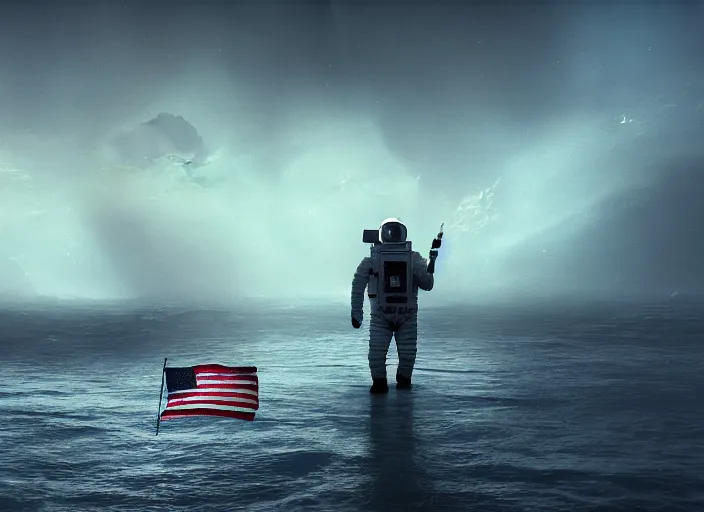 Image similar to astronaut holding a flag in an underwater desert. a submarine is visible in the distance. dark, concept art, cinematic, dramatic, atmospheric, 8 k, trending on artstation, blue, fish, low visibility, fog, ocean floor, christopher nolan, interstellar