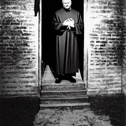 Prompt: photogrqph of john paul ii standing in the entrance to a small burning church building, at night, pitch black