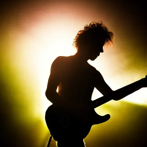 Image similar to a metal concert, lead guitarist playing a guitar solo, dramatic lighting