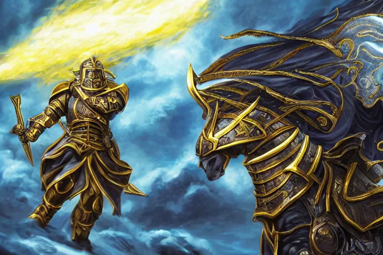 Prompt: an ultra detailed portrait of saladin as a warhammer paladin charging into battle wearing bright gold armor and huge flaming longsword blessed by god, epic anime fantasy, 8 k, volumetric lighting, smooth, highly detailed, digital illustration, art by kentaro miura and akira toriyama and artgerm