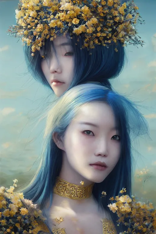 Image similar to a pale Chinese girl with white hair, floral crown, sad blue eyes, cinematic lighting, ultra detailed, highly detailed, sharp focus, golden background with flowers, golden jewellery with blue sapphires, photographic, art by artgerm and greg rutkowski and zdislav beksinski