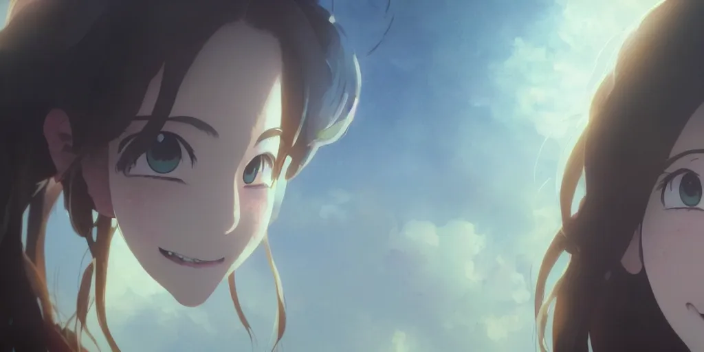 Image similar to a girl with a happy face wakes up in the morning, close up shot from the top, anime art, Greg Rutkowski, studio ghibli, dramatic lighting