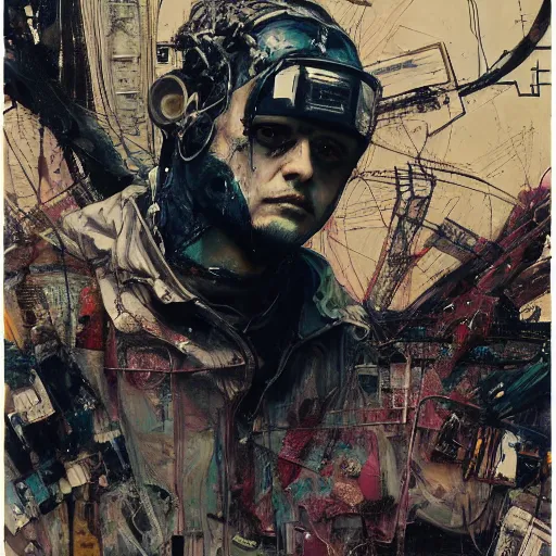 Prompt: boyd holbrook as a cyberpunk hacker, skulls, wires cybernetic implants, machine noir grimcore, in the style of adrian ghenie esao andrews jenny saville surrealism dark art by james jean takato yamamoto and by ashley wood