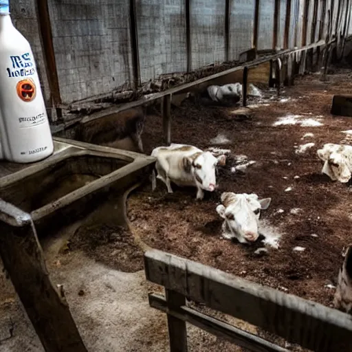 Image similar to dirty bottle of milk and a cow inside rusted slaughterhouse