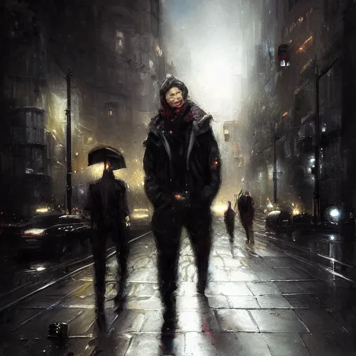 Prompt: walking the streets of london at night by raymond swanland, highly detailed, dark tones