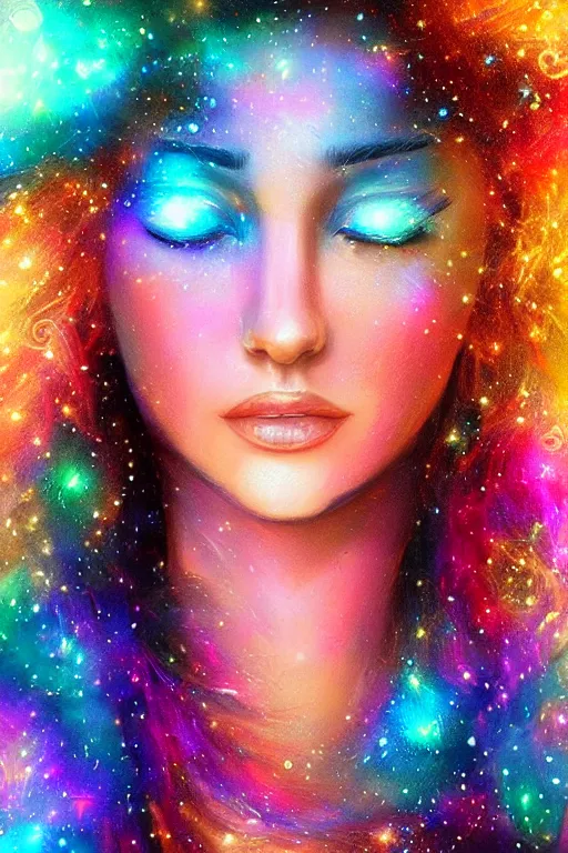 Prompt: a super realistic beautiful young womans face, magical, space stars and planets in her hair, windblown, intricate, synth-wave, retrowave, colorful, highly-detailed, elegant, dramatic lighting, gorgeous face, lifelike, photorealistic face, long luxurious intricate gown, digital painting, artstation, illustration, concept art, smooth, sharp focus, art by Jude Palencar, John Collier, artgerm, and Albert Aublet and Krenz Cushart and Artem Demura and Alphonse Mucha