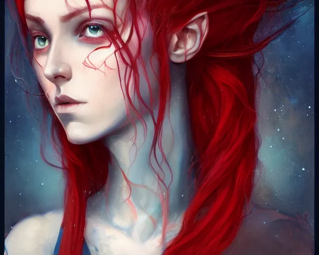 Image similar to A detailed matte oil on canvas head on symmetrical portrait of a distinguished elven woman with red and blue hair on an empty background, by Charlie bowater, Lise Deharme, Wlop, trending on artstationhd, dungeons and dragons art, parted hair , half blue, half red , split dye, critical role