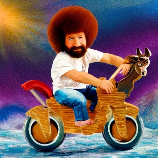 Image similar to bob ross riding a rocking horse on acid