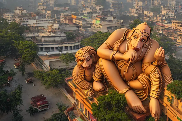 Image similar to beautiful dreamscape! biomorphic new delhi, hanuman!! head building, kalighat, octane sharp cinematic, stephen shore & john j. park, soft morning light, wide shot, high angle, uhd 8 k, shallow depth of field