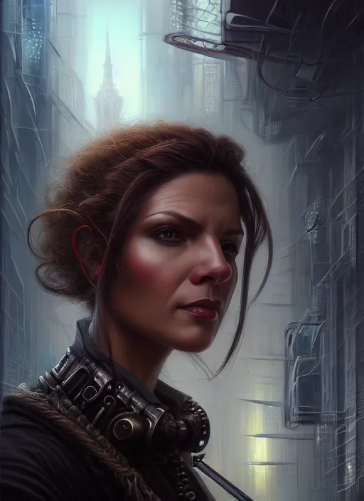 Prompt: closeup portrait shot of a female detective in a scenic cyberpunk mystery environment, intricate, elegant, highly detailed, centered, digital painting, artstation, concept art, smooth, sharp focus, illustration, artgerm, tomasz alen kopera, peter mohrbacher, donato giancola, joseph christian leyendecker, wlop, boris vallejo