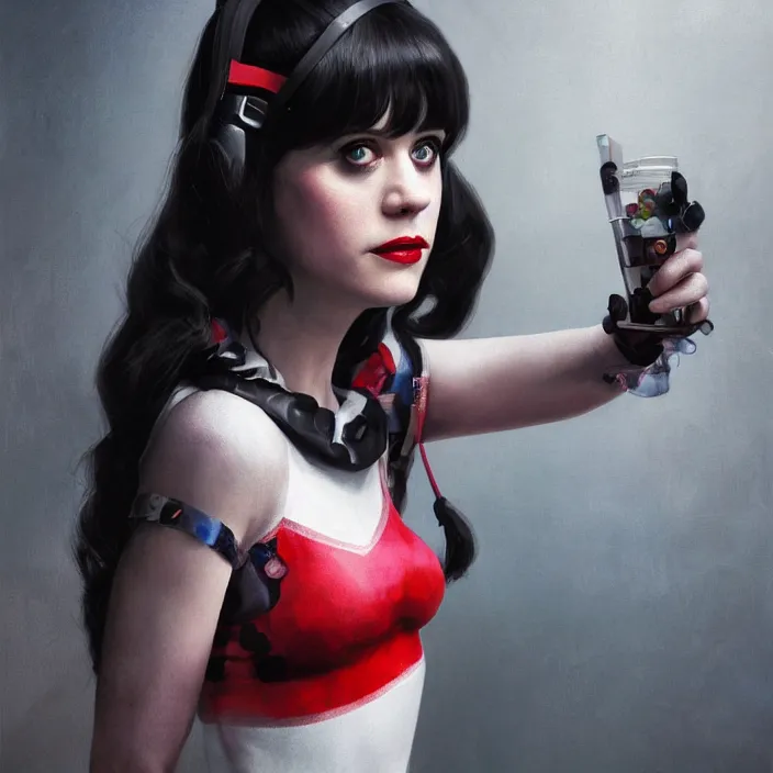 Image similar to portrait of Zooey Deschanel as a harley quinn. intricate abstract. intricate artwork. by Tooth Wu, wlop, beeple, dan mumford. octane render, trending on artstation, greg rutkowski very coherent symmetrical artwork. cinematic, hyper realism, high detail, octane render, 8k, iridescent accents