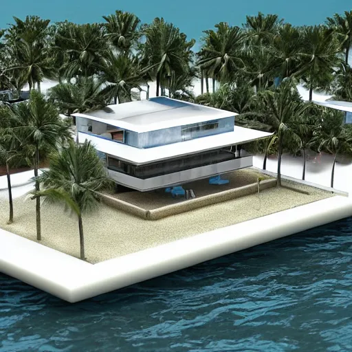 Image similar to “ a realistic model of a house floating on the beach of miami, 8 k render designed by norman foster ”