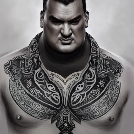 Prompt: tattoo design, a professional painting of a beautiful young obese steven seagal, partially clothed in battle armor, olive skin, long dark hair, beautiful bone structure, symmetrical facial features, intricate, elegant, digital painting, concept art, smooth, sharp focus, illustration, from Metal Gear, by Ruan Jia and Mandy Jurgens and Greg Rutkowski and Artgerm and William-Adolphe Bouguerea and artgerm, cat girl, anime