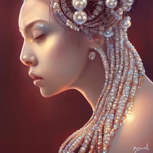 Image similar to a beautiful portrait of a pearl goddess with glittering skin, a detailed painting by greg rutkowski and raymond swanland, featured on cgsociety, fantasy art, detailed painting, artstation hd, photorealistic