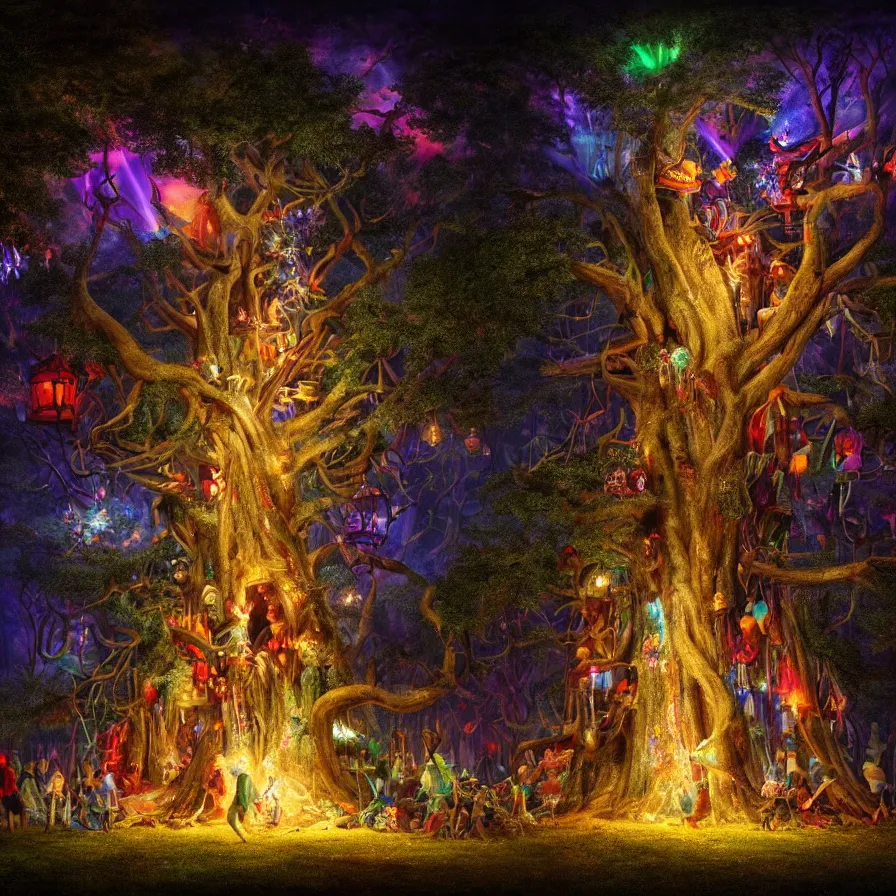 Prompt: closeup of a night carnival inside a tree cavity in a magical forest in the middle of a summer storm, with a music scenario with many fireworks and christmas lights, volumetric lightning, instense god rays in the sky, folklore people disguised with fantastic creatures in a magical forest by summer night, masterpiece painted by william henry hunt, scene by dark night environment, refraction lights,