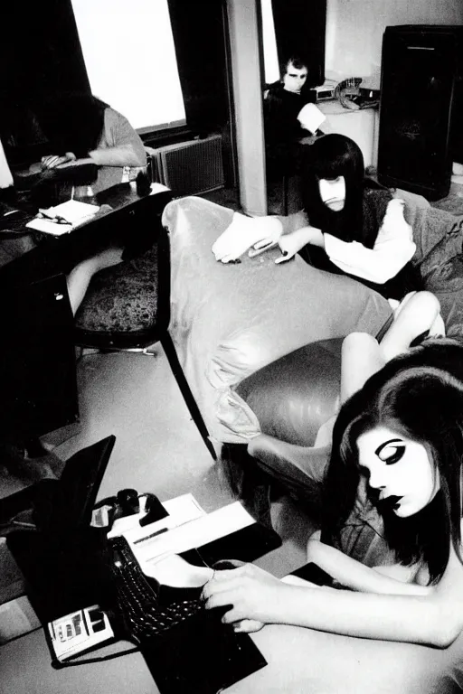 Image similar to sad goths in a dirty hotel room using computers, 1990s photograph