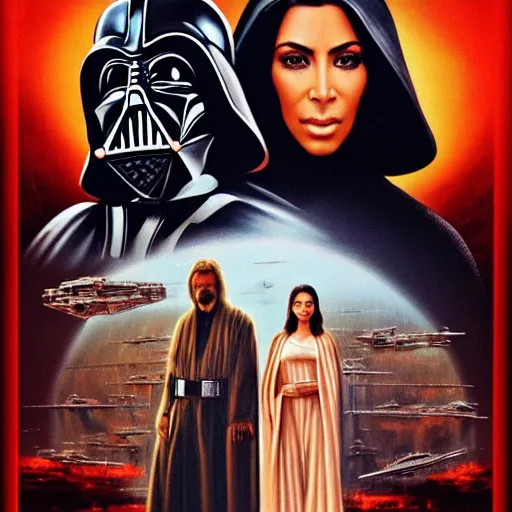 Image similar to super detailed star wars movie poster with Jesus Christ and kim kardashian, 8k full HD photo, cinematic lighting, anatomically correct, oscar award winning, action filled, correct eye placement,