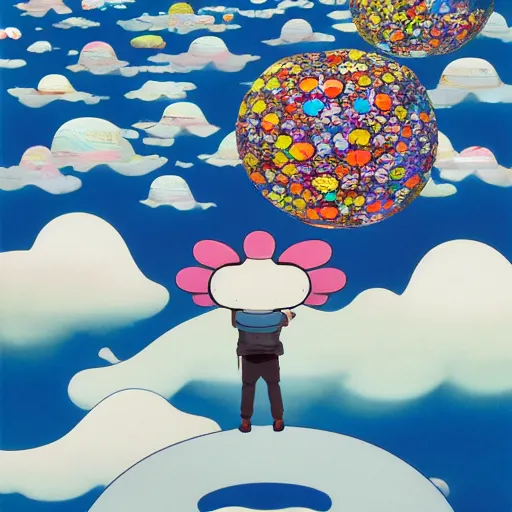 Prompt: a man walking on clouds away from the camera above kyoto by takashi murakami, beeple and james jean, aya takano color style, 4 k, super detailed, modern, 4 k, symmetrical