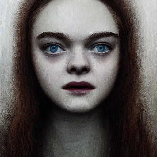 Image similar to professional painting of Elle Fanning in the style of Chris Friel, head and shoulders portrait, symmetrical facial features, smooth, sharp focus, illustration, intricate, stormy weather, extremely detailed masterpiece,