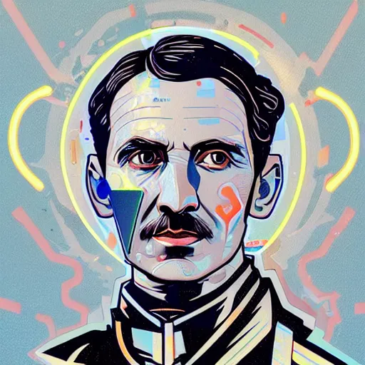 Prompt: majestic futuristic visionary inventor nikola tesla profile picture by sachin teng, masterpiece, organic painting, matte painting, technical geometrical drawing shapes, lightning electricity coil, hard edges, graffiti, street art by sachin teng