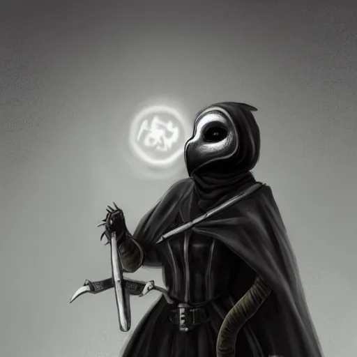 Image similar to female plague doctor donning a black hood, steel knightly armor and a white armored crow mask, trending on artstation