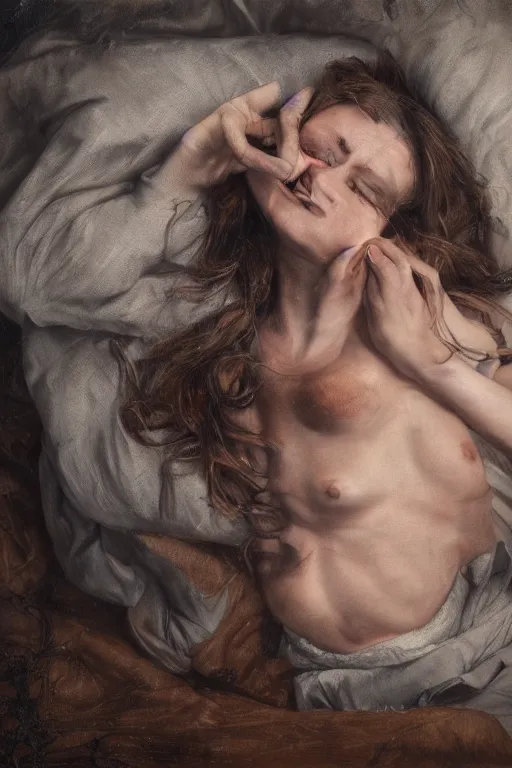 Image similar to lauren's stomach hurts after drinking too much alcohol, oil on canvas, intricate, portrait, 8 k highly professionally detailed, hdr, cgsociety
