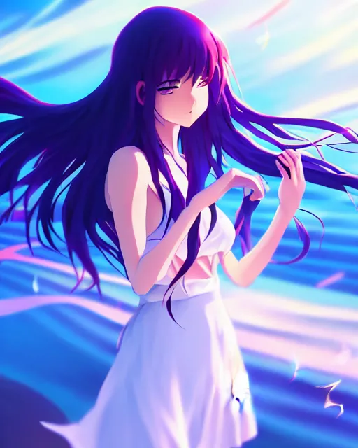 Image similar to anime style, vivid, expressive, full body, 4 k, a cute girl with white skin and long wavy hair humming a song, stunning, realistic light and shadow effects, centered, simple background, studio ghibly makoto shinkai yuji yamaguchi