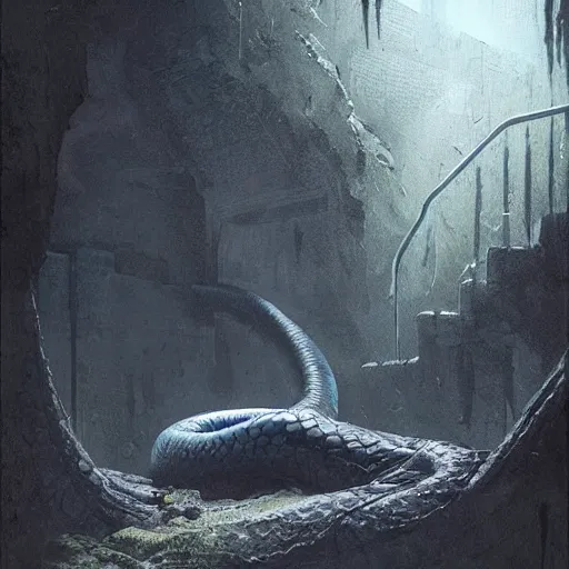 Prompt: a big anaconda in a dark grave sqeezing around a dead body, horror ,digital art,realistic,detailed,art by greg rutkowski