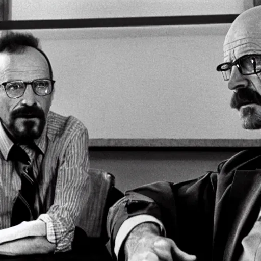 Image similar to Walter White being interviewed by Larry King. 1983.