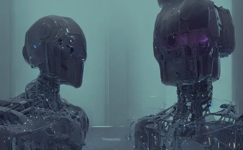 Image similar to extremely detailed cinematic movie still 3 0 7 7 foggy portrait shot of a robot in an endless data centre by denis villeneuve, wayne barlowe, simon birch, marc simonetti, philippe druillet, beeple, bright volumetric sunlight from small windows, rich moody colors, closeup